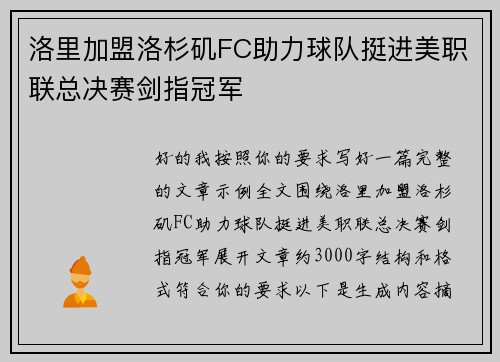 洛里加盟洛杉矶FC助力球队挺进美职联总决赛剑指冠军